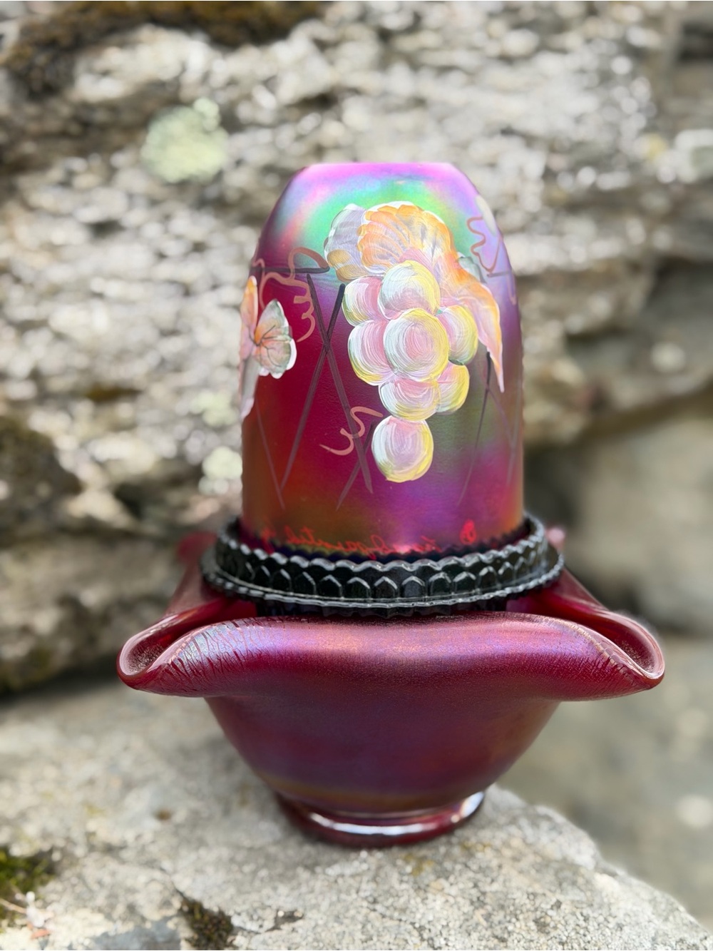 Vintage Fenton Fairy Lamp Ruby Red Amberina Vineyard Floral Candle Holder
